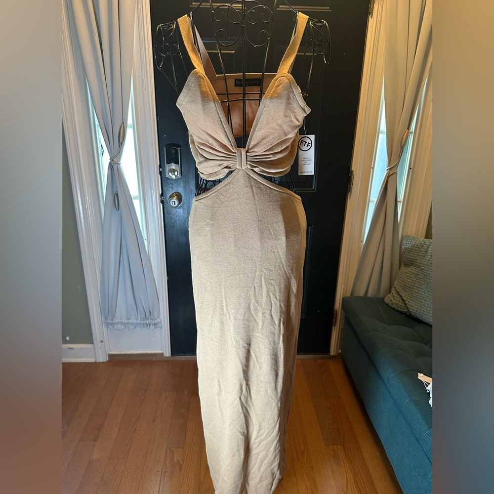 Elegant Tan Cut-Out Maxi Dress